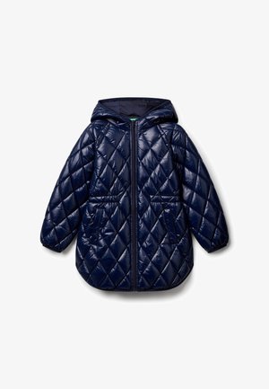Giacca a vento trapuntata blu navy con cappuccio, zip frontale e due tasche laterali. Finitura lucida e polsini elasticizzati per il calore.