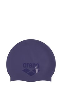 Violetti silikooninen uimalakki karhealla pinnalla ja logolla. Pyöristetty yläosa ja sivut, suunniteltu tiiviiksi istuvuudeksi, sopii kilpailu-uinnille.