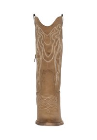 Bota de vaquero de cuero marrón con punta afilada, costuras decorativas blancas y un tacón ligeramente elevado. Cuenta con lengüetas para facilitar su colocación.