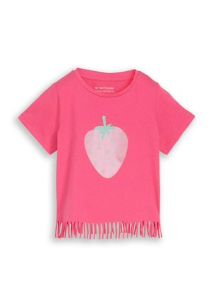 Pink short-sleeve children's T-shirt with fringe hem and light pink strawberry graphic with green leaves centered on front.