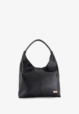 Schwarze, weiche Lederhandtasche mit einem einzigen Tragegurt und kleiner goldener "Venezia"-Logoplatte in der unteren rechten Ecke.