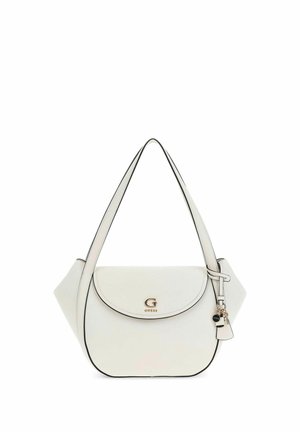 Sac à bandoulière en cuir blanc avec fermeture à rabat, logo doré "G" et porte-clés décoratif, doté d'une seule sangle et d'un liseré noir.