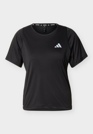 Black short-sleeve athletic running shirt with round neck and reflective Adidas logo on the left chest.