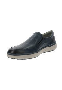 Zapatos de slip-on azul marino con parte superior de cuero texturizado, paneles laterales elásticos y suela de goma contrastante con un diseño estampado.