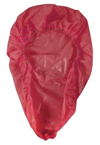 Rote Duschhaube aus glänzendem Kunststoffmaterial, mit einem elastischen Bund am Öffnungsrand für einen sicheren Sitz und einem glatten, nahtlosen Design.