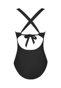 Costume da bagno intero nero con spalline incrociate sul retro e dettaglio a fiocco legato. Tessuto liscio e fondo arrotondato. Design minimalista.
