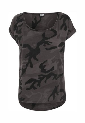T-shirt pour femmes à manches courtes gris foncé avec imprimé camouflage abstrait noir et col rond, étiquette Urban Classics taille S.