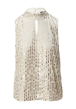 Sleeveless top in light beige fabric, adorned with vertical rows of sequins in gold, silver, and bronze. Keyhole neckline with button closure.