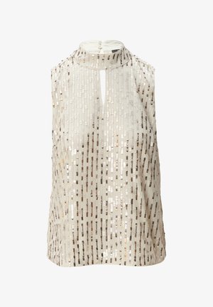Sleeveless top in light beige fabric, adorned with vertical rows of sequins in gold, silver, and bronze. Keyhole neckline with button closure.
