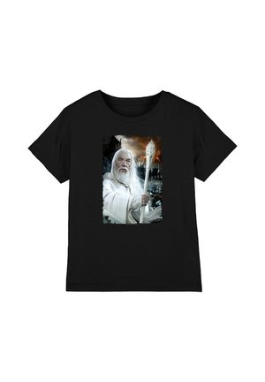 Black t-shirt featuring a white-bearded man in white robes holding a glowing staff, with a dark, fiery battlefield background.