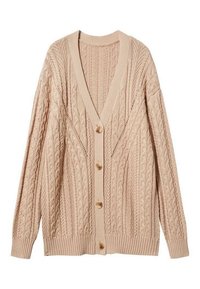 Cardigan en tricot beige avec un motif torsadé, un décolleté en V et cinq boutons en bois sur le devant. Poignets et ourlet côtelés.