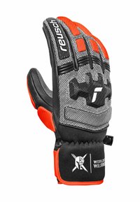 Torwart-Handschuh in Schwarz und Orange mit einer strukturierten grauen Oberfläche, verstärkten Fingerspitzen und verstellbarem Riemen für einen sicheren Sitz.