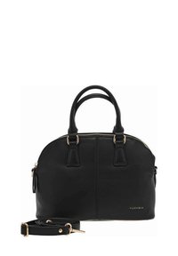 Sac à main en cuir noir avec une forme arrondie, deux anses, des accents en métal doré et une bandoulière amovible. Le nom de la marque "Fuchsia" est embossé.