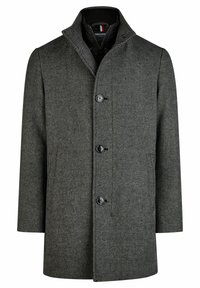 Abrigo de espiga gris con cuello alto, cierre de botones y dos bolsillos frontales. Hecho de tejido texturizado con un ajuste entallado.