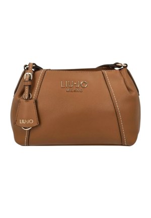 Sac à main Liu Jo Milano en cuir marron avec logo argenté, coutures blanches, et bandoulière réglable avec détail boucle.