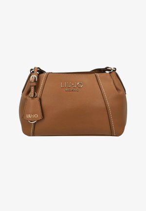 Sac à main Liu Jo Milano en cuir marron avec logo argenté, coutures blanches, et bandoulière réglable avec détail boucle.
