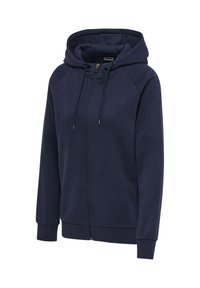 Marineblaue Kapuzenjacke mit durchgehendem Reißverschluss, verstellbarer Kordel im Kapuzenbereich, langen Ärmeln sowie gerippten Bündchen und Saum, dargestellt auf weißem Hintergrund.