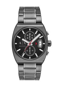 Armani Exchange pulkstenis ar nerūsējošā tērauda korpusu un aproci. Melnais ciparnīca satur baltos stundu rādītājus, apakšciparnīcas un datuma logu.