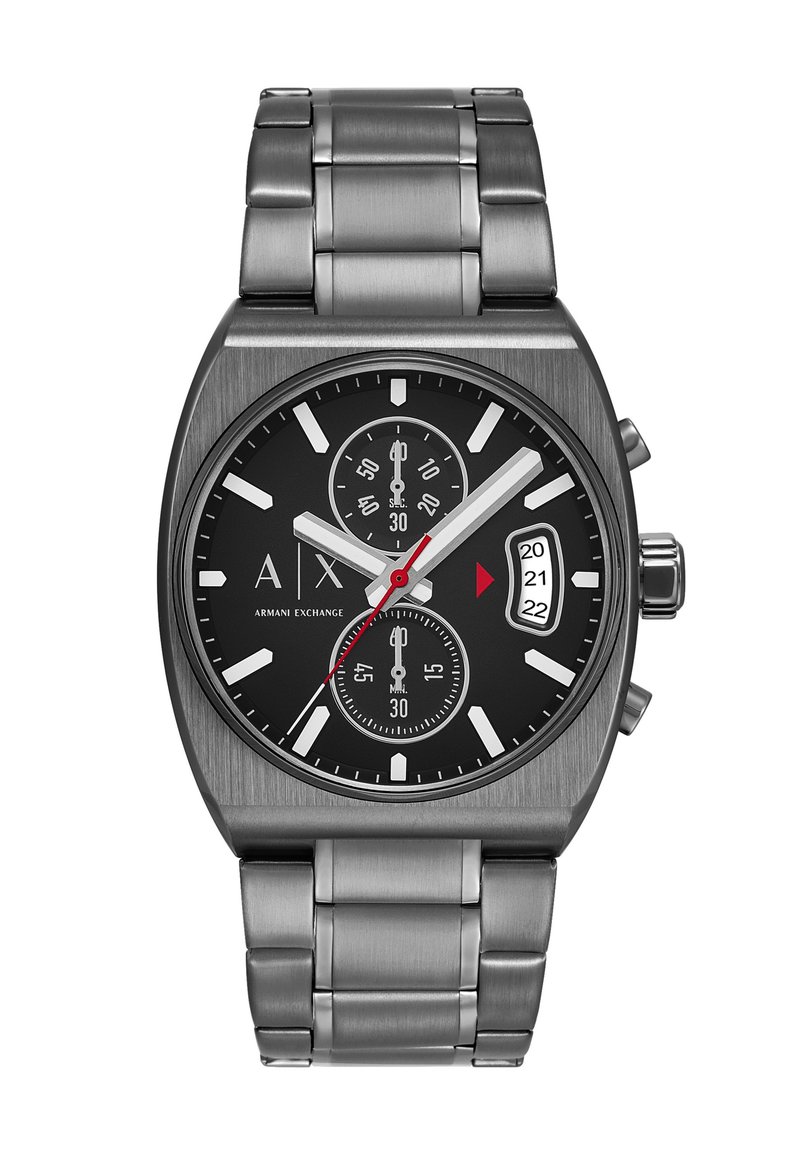 Armani Exchange pulkstenis ar nerūsējošā tērauda korpusu un aproci. Melnais ciparnīca satur baltos stundu rādītājus, apakšciparnīcas un datuma logu.