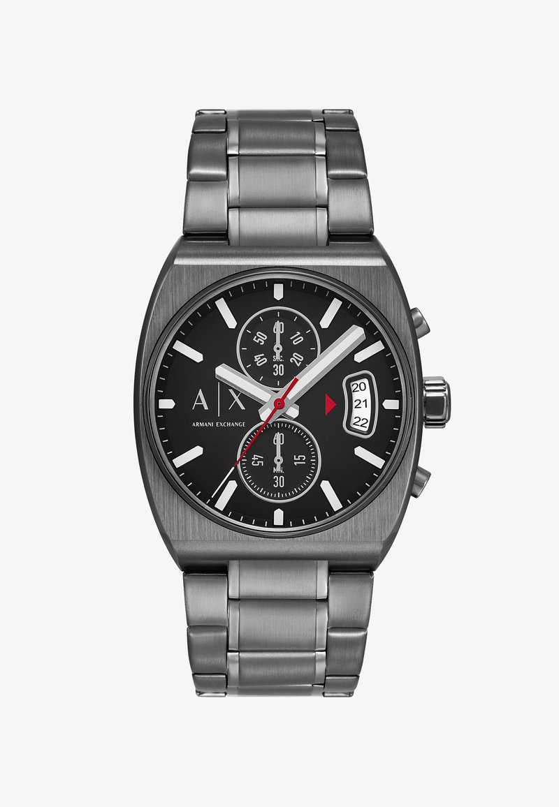 Orologio Armani Exchange con cassa e bracciale in acciaio inossidabile. Il quadrante nero presenta indici delle ore bianchi, sottodial e una finestra per la data.