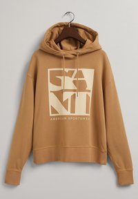 Sweat à capuche marron avec un grand motif graphique blanc affichant "AMERICAN SPORTSWEAR". Il possède une capuche spacieuse ainsi que des poignets et un ourlet côtelés.