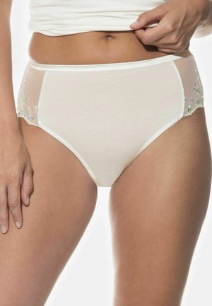 Beige hooggesneden onderbroeken met doorschijnende zijpanelen met bloemenbroderie in pastelkleuren. Zacht katoen met decoratieve accenten.