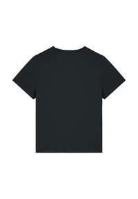 Donkerzwart katoenen t-shirt met korte mouwen, een ronde hals en een eenvoudig, ongebruikt ontwerp, bekeken vanuit de achterkant.