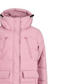 Chaqueta de invierno acolchada rosa con cuello alto, capucha ajustable, dos bolsillos con cremallera vertical en el pecho y dos bolsillos de solapa en la cintura.