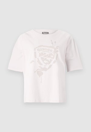 Valge lühikeste varrukatega T-särk, mis on valmistatud puuvillast, esiküljel on peene metallilise viimistlusega tekstuuriga graafiline disain.