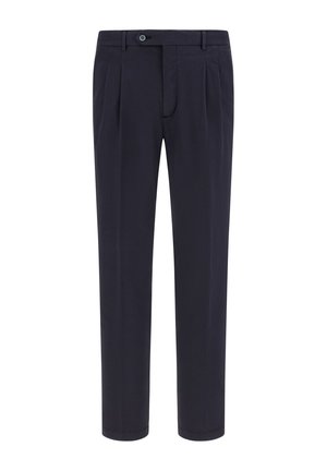 Navy blue tailored trousers with a flat front, pleated design, and a button closure. Smooth texture, straight leg shape, and no visible patterns.