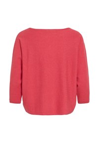 Rode trui met lange mouwen, een ronde boothals en een licht gebogen zoom, gezien van achteren tegen een witte achtergrond.