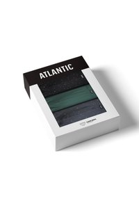 Zestaw klasycznych majtek w kolorze czarnym z wielokolorowymi kropkami i jednolitym zielonym. Opakowanie ma elegancki biały design z napisem "ATLANTIC".