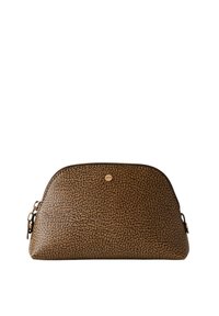 Brown textured cosmetic bag with a rounded shape, featuring a small metal accent on the front and a zip closure.