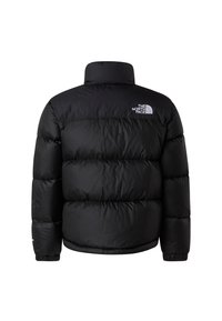 Jachetă neagră de tip puffer, cu guler înalt și manșete elastice, realizată dintr-un material neted și izolant. Logo-ul este afișat pe partea superioară a spatelui.