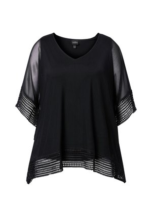 Schwarze V-Ausschnitt-Bluse mit durchsichtigen kurzen Ärmeln und filigranem Spitzenbesatz an Ärmeln und Saum, locker geschnitten und aus leichtem Stoff.
