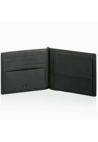 Cartera de cuero negra con una superficie texturizada, múltiples ranuras para tarjetas y un compartimento más grande para billetes o documentos. Diseño compacto y funcional.