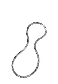 Silver metallkedja med sammanlänkade led, med en slät, polerad yta och ett robust lås för stängning.