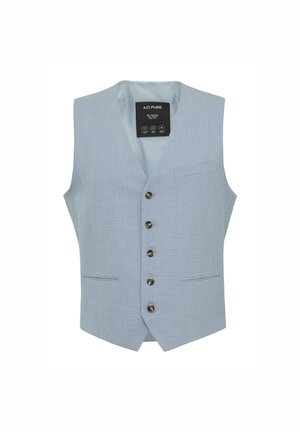 Hellblaues Weste aus strukturiertem Stoff, mit tiefem V-Ausschnitt, fünf Knöpfen, zwei Fronttaschen und einem Etikett innen.