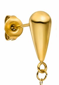 Goldene Tropfenohrringe mit einer Tropfenform, glattem metallischem Finish und einer Kettenlink-Akzent. Sicher mit einem Post-Back-Verschluss.
