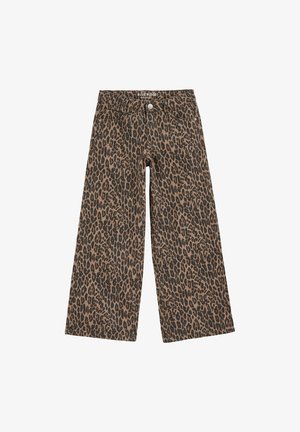 Dżinsy o szerokich nogawkach z nadrukiem w cętki lamparta w odcieniach brązu i czerni. Wykonane z denimu, z zapięciem na guziki i przednimi kieszeniami. Luźny krój, długość sięgająca kostek.