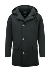 Zwarte gewatteerde jas met capuchon, voorzien van twee voorzakken, knoopsluiting en een ritssluiting aan de zijkant. Gladde textuur.