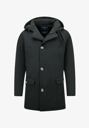 Zwarte gewatteerde jas met capuchon, voorzien van twee voorzakken, knoopsluiting en een ritssluiting aan de zijkant. Gladde textuur.