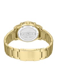 Orologio in acciaio inossidabile dorato con quadrante rotondo argentato, logo "POLICE", sfondo texturizzato e design a bracciale con maglie. Resistente all'acqua fino a 47 metri.