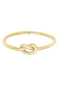 Guldring med en smal band, som har en detaljerad sammanlänkad knutdesign i mitten. Den polerade ytan förstärker den släta texturen.