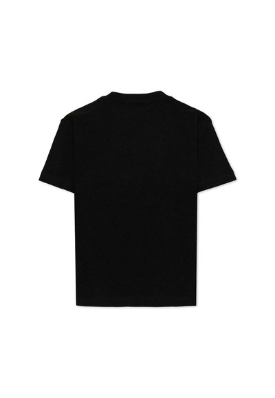 Prosta czarna koszulka z krótkim rękawem, ułożona na płasko, pokazująca tylną stronę z okrągłym dekoltem i bez widocznych logo ani wzorów.