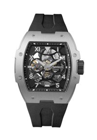 Automatisch horloge met een zwarte rubberen band, roestvrijstalen kast, skelet wijzerplaat, zilveren uur- en minutenwijzers en opvallende uurmarkeringen.