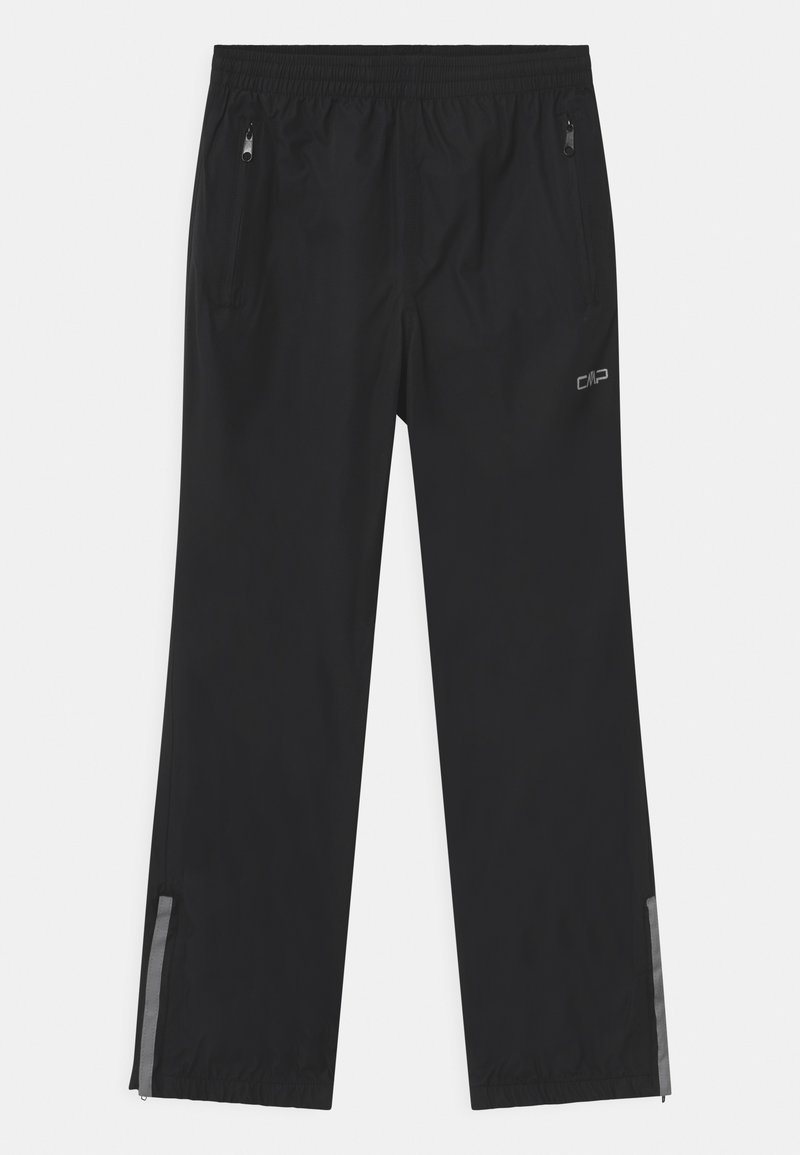 Pantalons de sport noirs en tissu léger, dotés d'une taille élastique, de poches zippées sur les côtés et d'accents gris contrastants aux chevilles.