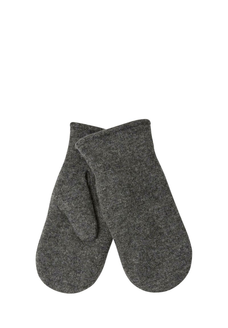 Moufles en laine grises avec un design simple, présentant des extrémités arrondies et une finition douce et texturée. Pas de matériel ou de motifs visibles.