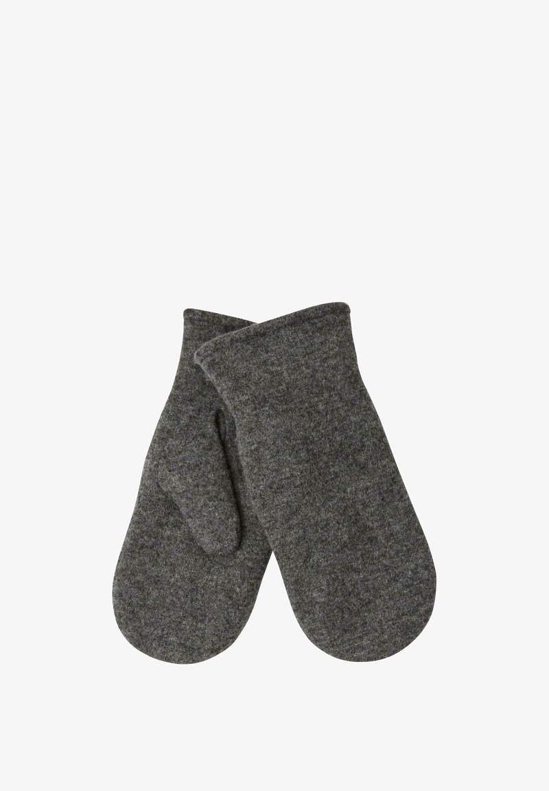 Graue Wollhandschuhe mit einem schlichten Design, das abgerundete Spitzen und eine weiche, strukturierte Oberfläche aufweist. Keine sichtbaren Beschläge oder Muster.