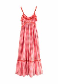 Rood-wit geroemde jurk met gerafelde schouderbanden en afwerking, met een wijde zoom en geplooide rok. Lichtgewicht stof, casual ontwerp.